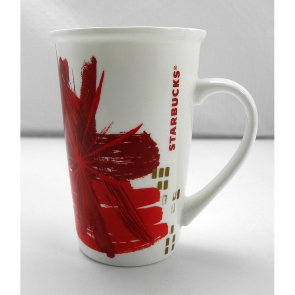 Starbucks Red/Gold Abstract Holiday Tall 12 fl oz Mug - Holiday 2014 Coffee Cup - Picture 1 of 5